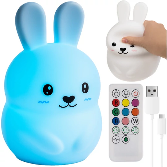 Rabbit LED interaktivní měnící barvy RGB noční lampička pro děti ve tvaru králíčka, s dálkovým ovládáním světelných efektů a časovačem, silikon