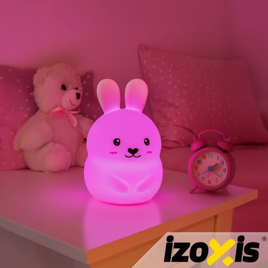 Rabbit LED interaktivní měnící barvy RGB noční lampička pro děti ve tvaru králíčka, s dálkovým ovládáním světelných efektů a časovačem, silikon